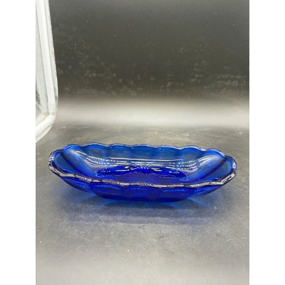 Vintage Cobalt Blue Glass Relish Dish Scalloped Sunburst Oval Serving Bowl 8.5